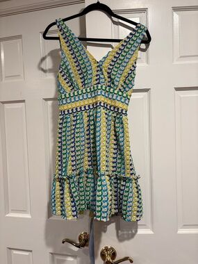 Ramy Brook V-Neck Mini Dress in Blue, Green, Yellow XS